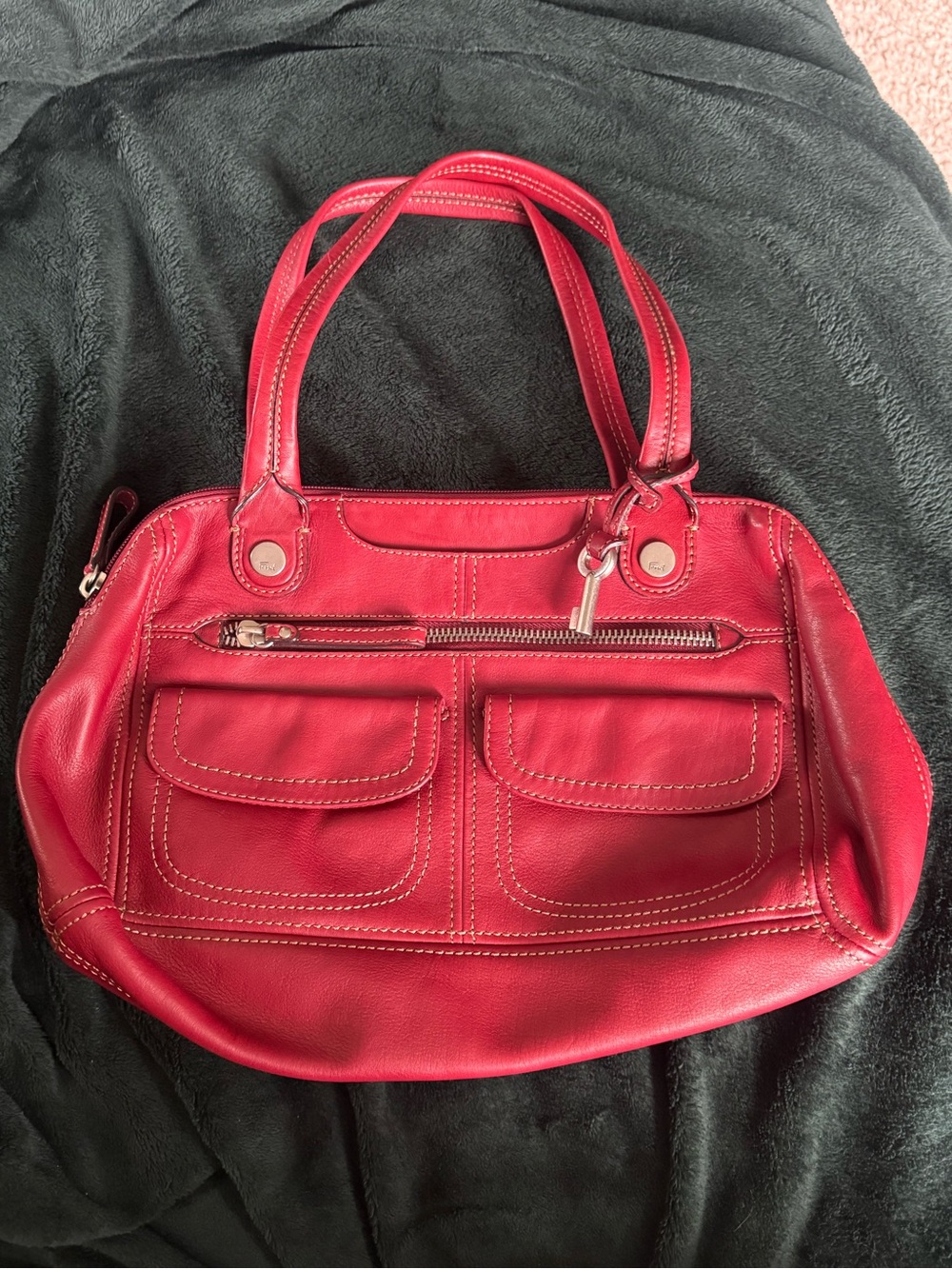 Genuine Fossil Red Leather Double-Pocket Bag